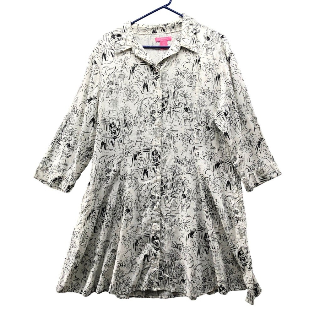 Isaac Mizrahi Toile Shirt Dress Womens XL White Black Cafe Print Linen Blend - Picture 1 of 9